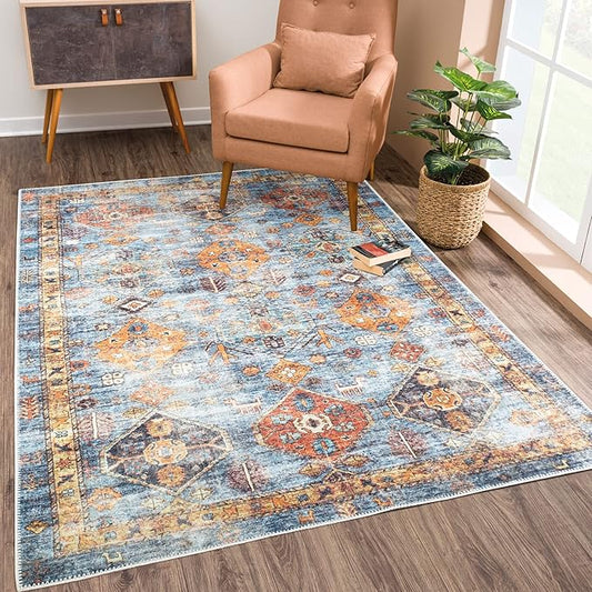 Bloom Rugs Washable Non-Slip 9' x 12' Rug - Blue/Orange Traditional Bordered Area Rug for Living Room, Bedroom, Dining Room, and Kitchen - Exact Size: 9' x 12'