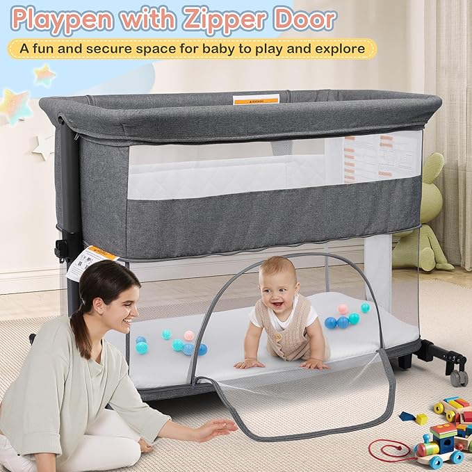 Xilingol 5 in 1 Baby Bassinet Bedside Sleeper, Portable Pack and Play with Carrying Bag, Playpen and Rocking Cradle, Easy Folding Crib for Newborn Baby, Grey