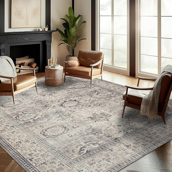 ReaLife Rugs Machine Washable Area Rug - Living Room Bedroom Bathroom Kitchen Entryway Office - Padded Low Pile Stain Resistant Premium - Boho Farmhouse Vintage - Paz - Beige Gray Ivory 7'6" x 9'6"