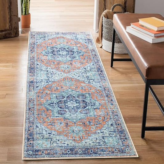 Bloom Rugs Washable Non-Slip 7 ft Runner - Peach/Blue Traditional Runner for Entryway, Hallway, Bathroom, and Kitchen - Exact Size: 2.5' x 7'