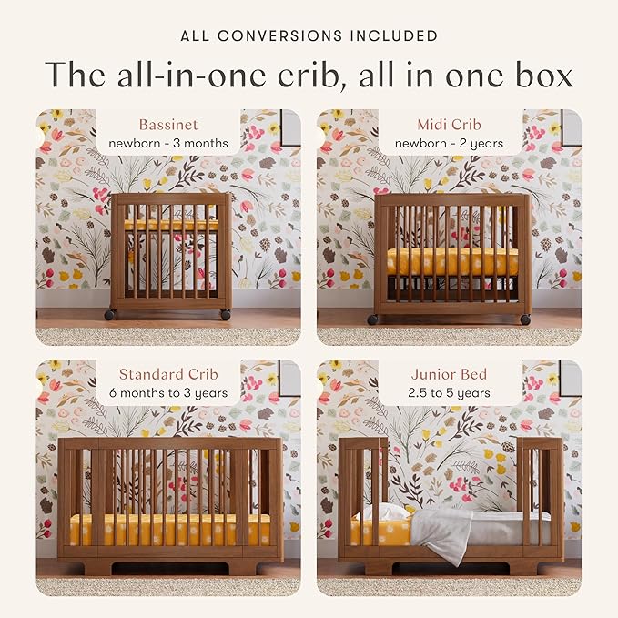 Babyletto Yuzu Convertible All-Stages Bassinet, Midi, Standard Crib in Natural Walnut, Greenguard Gold Certified, Portable & Adjustable with Conversion Kits and Pads Included