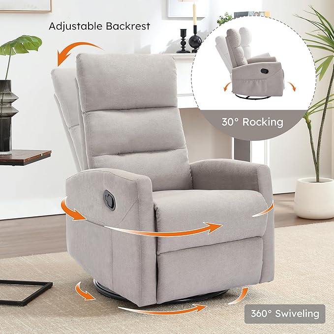 360° Swivel Rocking Chair for Nursery, Manual Glider Chair Nursing Chair with Side Pockets, Polyester Glider for Living Room, Heavy Duty Motion Mechanism, Light Gray