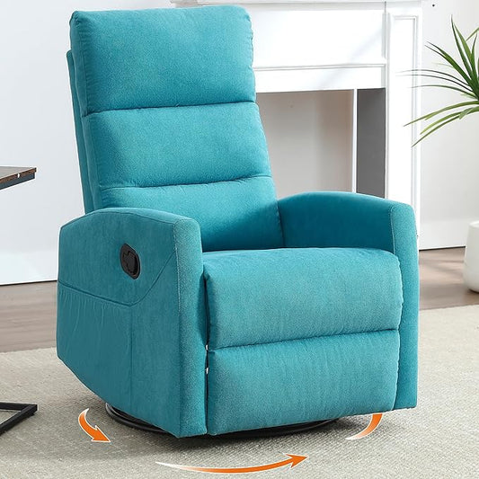 360° Swivel Rocking Chair for Nursery, Manual Glider Chair Nursing Chair with Side Pockets, Polyester Glider for Living Room, Heavy Duty Motion Mechanism, Blue