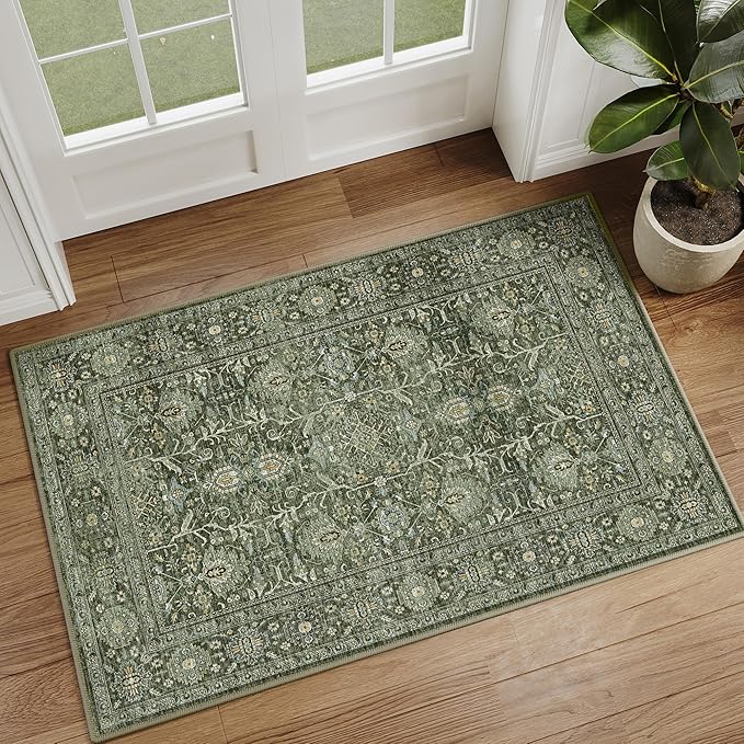 Green Entryway Rug 2x3 Vintage Area Carpet Indoor Kitchen Washable Door Mat Living Room Entrance Small Low Pile Traditional Distressed Retro Accent Throw Rug Non Slip Office Bathroom