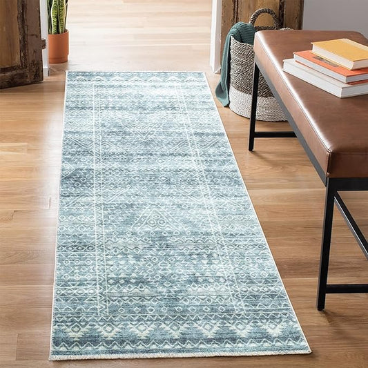 Bloom Rugs Caria Washable Non-Slip 12 ft Runner - Teal/Ivory Geometric Runner for Entryway, Hallway, Bathroom, and Kitchen - Exact Size: 2'6" x 12'