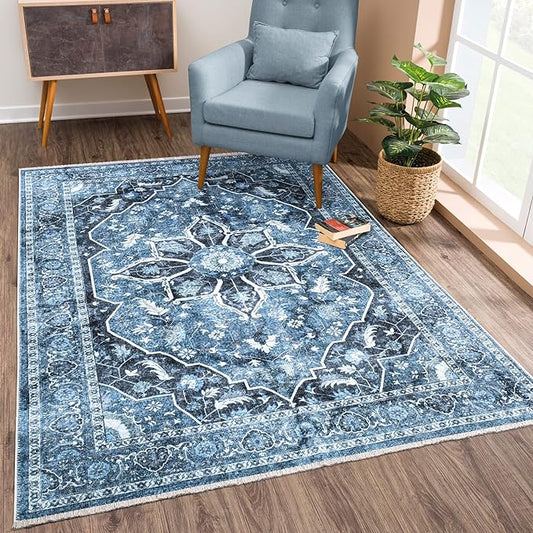 Bloom Rugs Caria Washable Non-Slip 4x6 Rug - Blue/Charcoal Traditional Area Rug for Living Room, Bedroom, Dining Room, and Kitchen - Exact Size: 4' x 6'