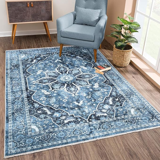 Bloom Rugs Caria Washable Non-Slip 8x10 Rug - Blue/Charcoal Traditional Area Rug for Living Room, Bedroom, Dining Room, and Kitchen - Exact Size: 7'8" x 10'