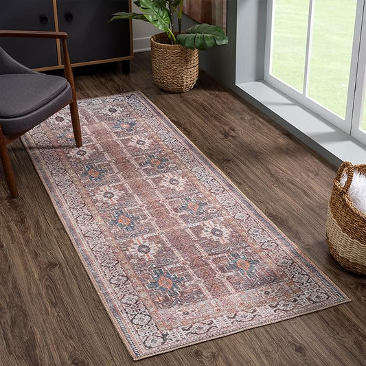 Bloom Rugs Washable 10 ft Runner - Brown/Blue/Orange Traditional Runner for Entryway, Hallway, Bathroom, and Kitchen - Exact Size: 2.5' x 10'