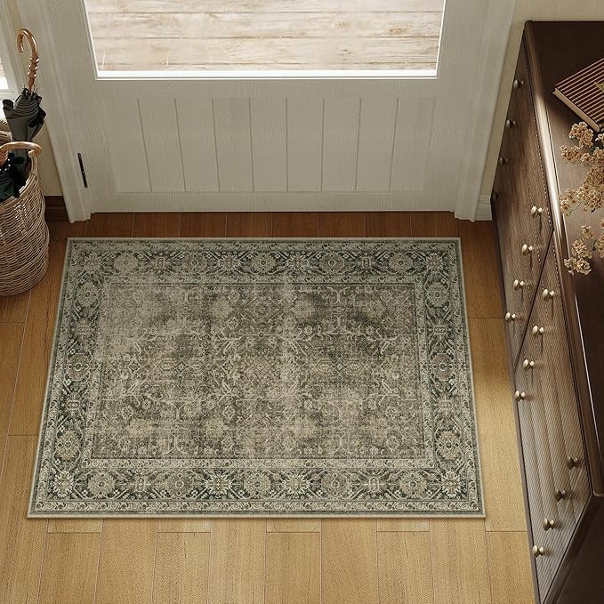 Light Brown Entryway Area Rug 2x3 Vintage Indoor Kitchen Washable Door Mat Living Room Carpet Tribal Distressed Retro Accent Throw Rug for Office Dining Room Bathroom Faux Wool