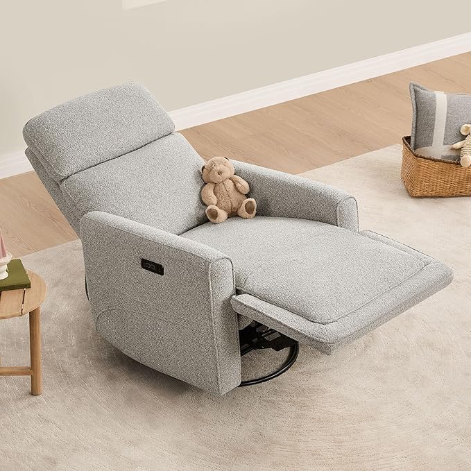 CHITA Electronic Power Recliner Chair Swivel Glider, FSC Certified Modern Nursery Rocking Chair with USB and Type-C Ports, Light Grey