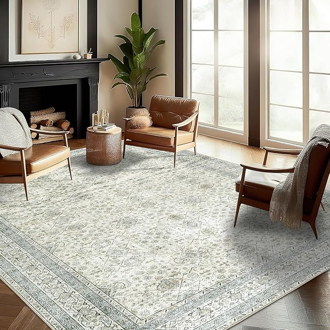 ReaLife Rugs Machine Washable Area Rug - Living Room Bedroom Bathroom Kitchen Entryway Office - Padded Low Pile Stain Resistant Premium - Boho Farmhouse Vintage - BEV - Green 5' x 7'