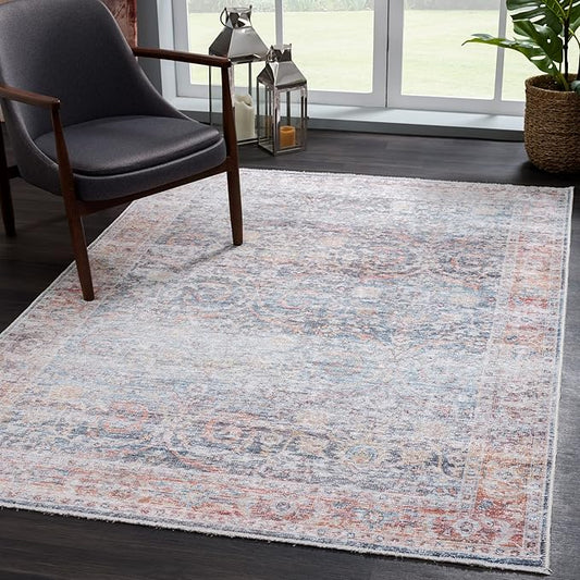 Bloom Rugs Caria Washable Non-Slip 5x7 Rug - Ocean Blue/Brick Traditional Area Rug for Living Room, Bedroom, Dining Room, and Kitchen - Exact Size: 5' x 7'