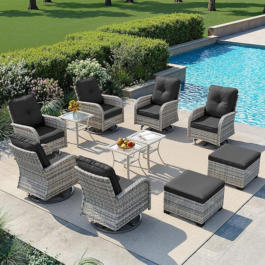 11-Piece Small Patio Furniture Set, Outdoor Swivel Rocking Chairs Set with Ottomans, Patio Bistro Set for Balcony, Deck, Porch, Black