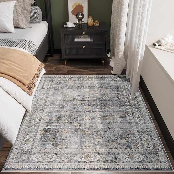 Bedroom Rug 3x5 Rug Washable Area Rug Non Slip Low Pile Small Carpet for Bedroom, Bedside, Kitchen, Entryway, Kids Room, Office, College Dorm Essentials for Girls(Grey and Brown)