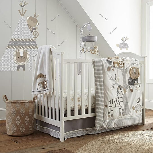Levtex Baby - Kenya Baby Bed Set - Grey and Taupe - Jungle Animal - 5 Piece Set Includes Reversible Quilt, Fitted Sheet, Dust Ruffle, Hamper, Wall Decals