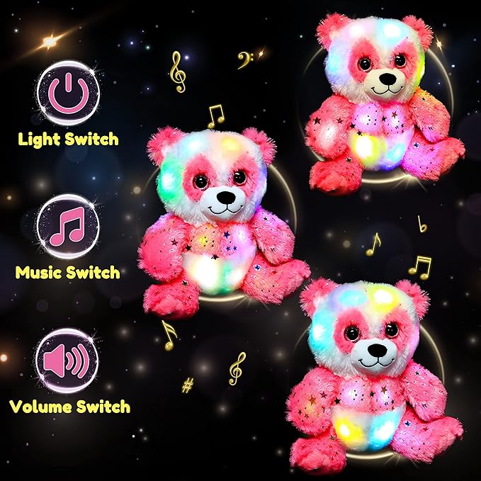 Hopearl LED Musical Plush Panda Lighting Up Singing Stuffed Toy Adjustable Volume Lullaby Animated Soothe Birthday Festival for Kids, Pink, 10.5''