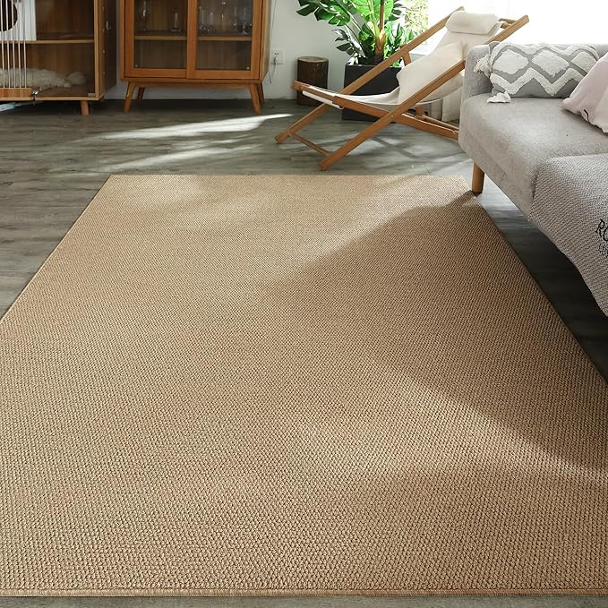 Carvapet 5x7 Rugs for Living Room Bedroom, Washable Jute Low Pile Solid Natural Carpet with Rubber Backing, Foldable, Non Slip Thin Area Rug