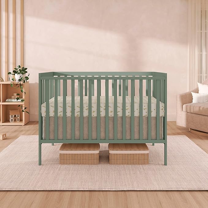 Dream On Me Synergy 5-in-1 Convertible Full-Size Baby Crib with Toddler, Day & Full Bed Conversion in Meadow Green, GreenGuard Gold & JPMA, 3 Mattress Heights, Sustainable Pinewood