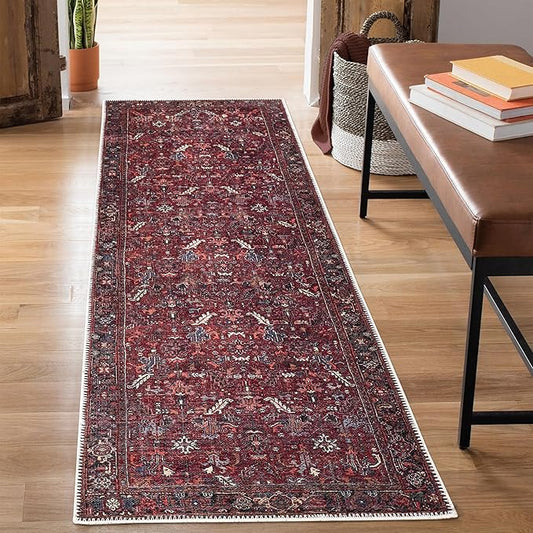 Bloom Rugs Washable Non-Slip 7 ft Runner - Burgundy Traditional Bordered Runner for Entryway, Hallway, Bathroom, and Kitchen - Exact Size: 2.5' x 7'