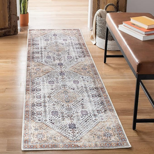 Bloom Rugs Washable Non-Slip 7 ft Runner - Sand/Orange/Purple Traditional Medallion Runner for Entryway, Hallway, Bathroom, and Kitchen - Exact Size: 2.5' x 7'