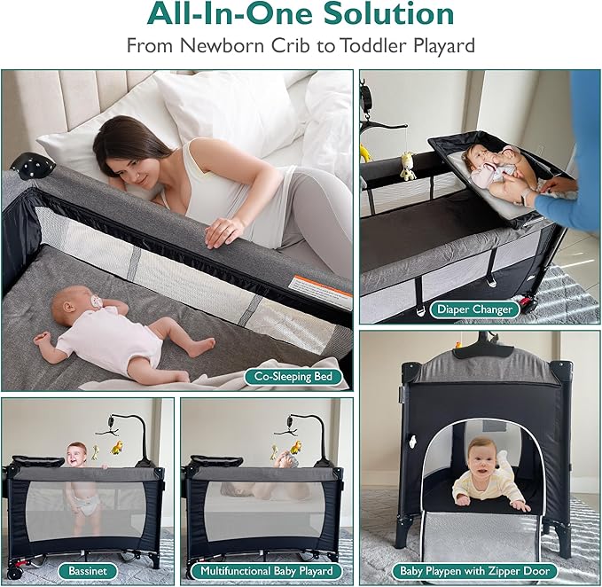 5 in 1 Baby Bassinet - Portable Crib, Bedside Sleeper, Diaper Changer, Playard & Travel Pack and Play Newborn to Toddler Carry Bag + Safety Strap Included