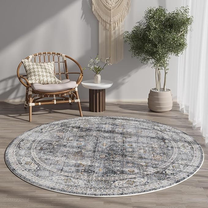 Round Rug 4ft Washable Circle Rug Non Slip Low Pile Boho Small Circular Rug for Bedroom, Bathroom, Entryway, Kids Room, Office, College Dorm(Grey and Brown)