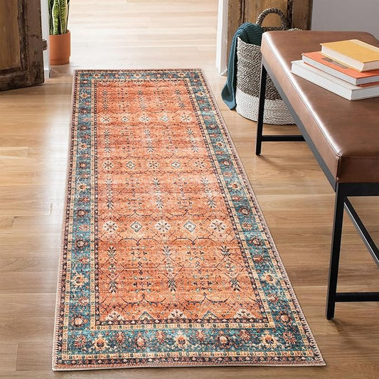 Bloom Rugs Washable Non-Slip 7 ft Runner - Orange/Teal Blue Traditional Bordered Runner for Entryway, Hallway, Bathroom, and Kitchen - Exact Size: 2.5' x 7'