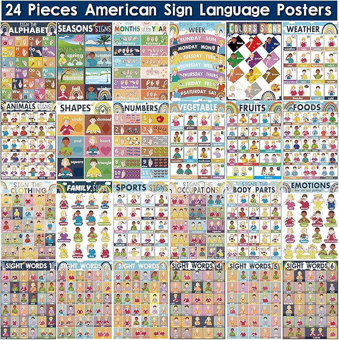 YIYDONG 24 Boho American Sign Language Posters for Kids, Sign Language for Babies & Toddlers, ABC Sign Language Flash Cards, ASL Posters for Classroom Decor