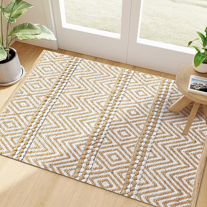 Jute Cotton Stripe Area Rug for Living Room 24x36 Inch - Natural Ivory - Machine Washable 2x3 Feet Rugs - 70% Jute and 30% Cotton