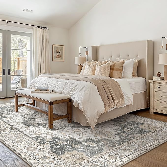 GENIMO 5x7 Area Rugs for Living Room, Machine Washable Non Slip Vintage Rugs, Low Pile Lightweight Chenille Print Rug for Bedroom, Dining Room, Home Office, Heathered Grey