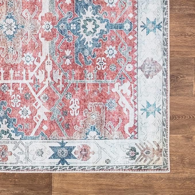 Bloom Rugs Washable Non-Slip 7 ft Runner - Red/Blue Traditional Runner for Entryway, Hallway, Bathroom, and Kitchen - Exact Size: 2.5' x 7'