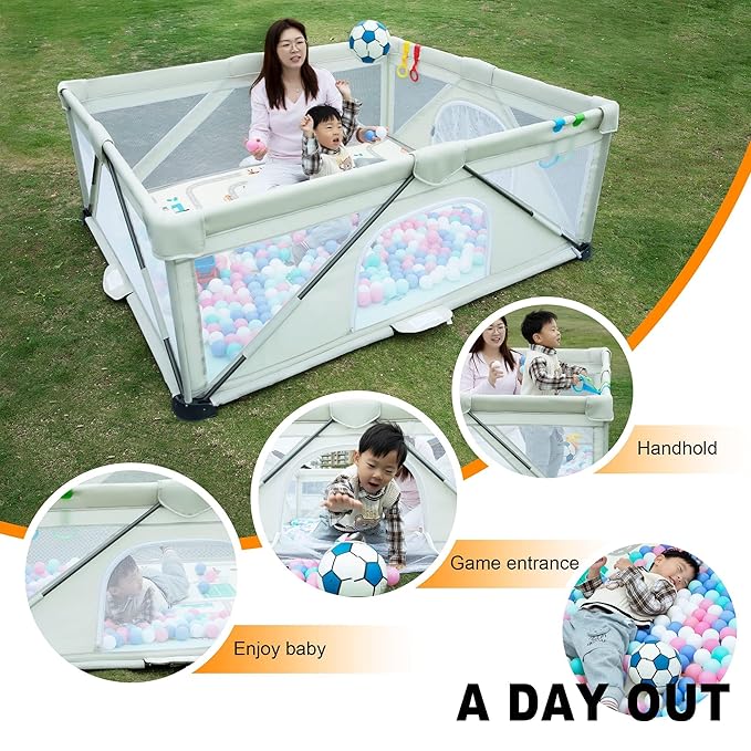 Foldable Baby Playpen 47x63 inch, iTiLike Playpen for Babies and Toddlers with 50 PCS Ocean Balls & 4 Handles, Indoor & Outdoor Kids Safety Play Pen Area, Portable Travel Play Yard (Beige)