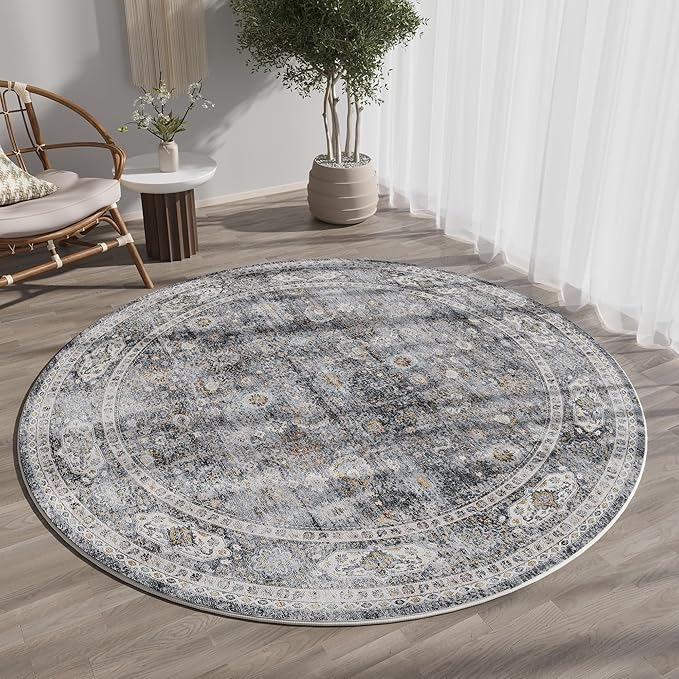 Round Rug 4ft Washable Circle Rug Non Slip Low Pile Boho Small Circular Rug for Bedroom, Bathroom, Entryway, Kids Room, Office, College Dorm(Grey and Brown)