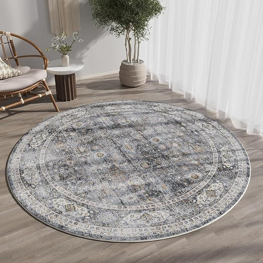 Round Rug 4ft Washable Circle Rug Non Slip Low Pile Boho Small Circular Rug for Bedroom, Bathroom, Entryway, Kids Room, Office, College Dorm(Grey and Brown)