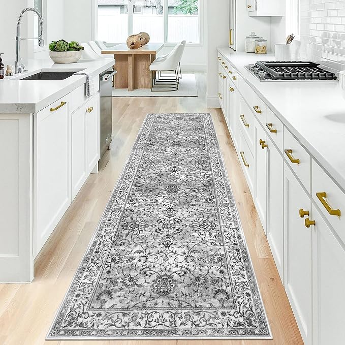 KILOCOCO Hallway Runner 2.6x10 Runner Rug Printed Vintage Floral Washable Rugs Kitchen Runners Soft Non-Slip Low Pile Rubber Backed Runners for Laundry Room Distressed Boho Rugs, Light Gray White