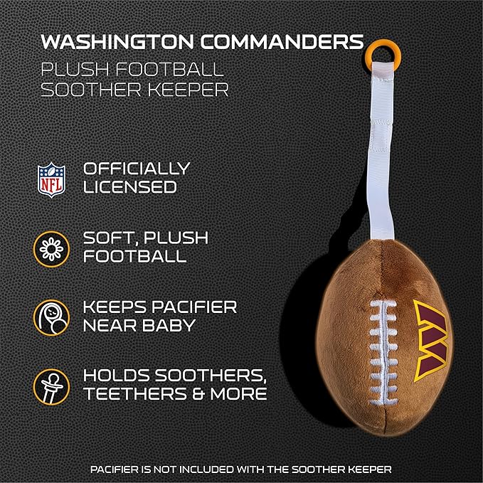 Washington Commanders Plush Football Pacifier Holder by Smilo - Officially Licensed NFL Soother Holder - Soft Plush Toy and Dummy Holder - Fits Any Pacifier - Stroller Accessory & Newborn Essential