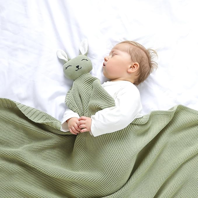 LAWKUL Bunny Lovey Baby Blanket Soft Plush Security Blanket Knit Snuggle Comfort for Newborns Toddlers Boy Girl Green 40x30in