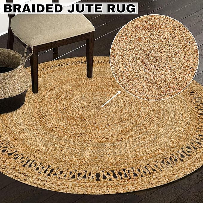 Hand Woven Farmhouse Jute Area Rug 3 Ft Round Natural Yarn, Rustic Vintage Beige Braided Reversible Rug, Eco Friendly Rugs for Bedroom, Kitchen, Living Room, Farmhouse 100% Jute Rug