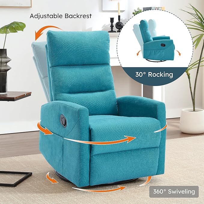 360° Swivel Rocking Chair for Nursery, Manual Glider Chair Nursing Chair with Side Pockets, Polyester Glider for Living Room, Heavy Duty Motion Mechanism, Blue