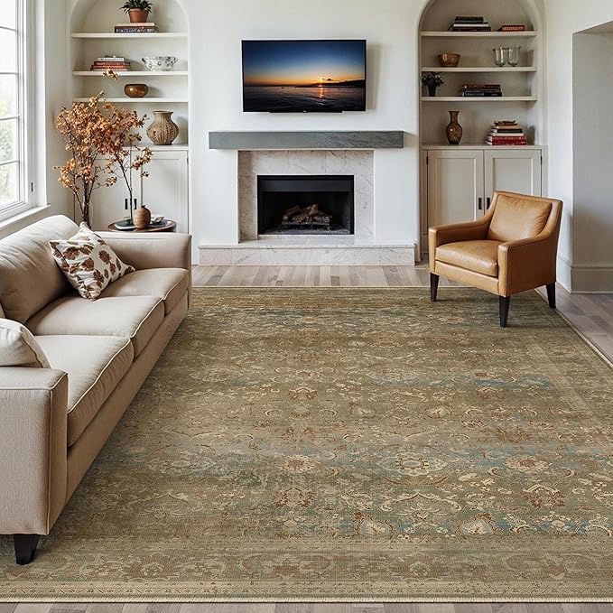 Vintage Area Rug 8x10 Washable Brown Living Room Carpet Large Indoor Non Slip Bedroom Low Pile Kitchen Distressed Retro Accent Throw Rug for Dining Room