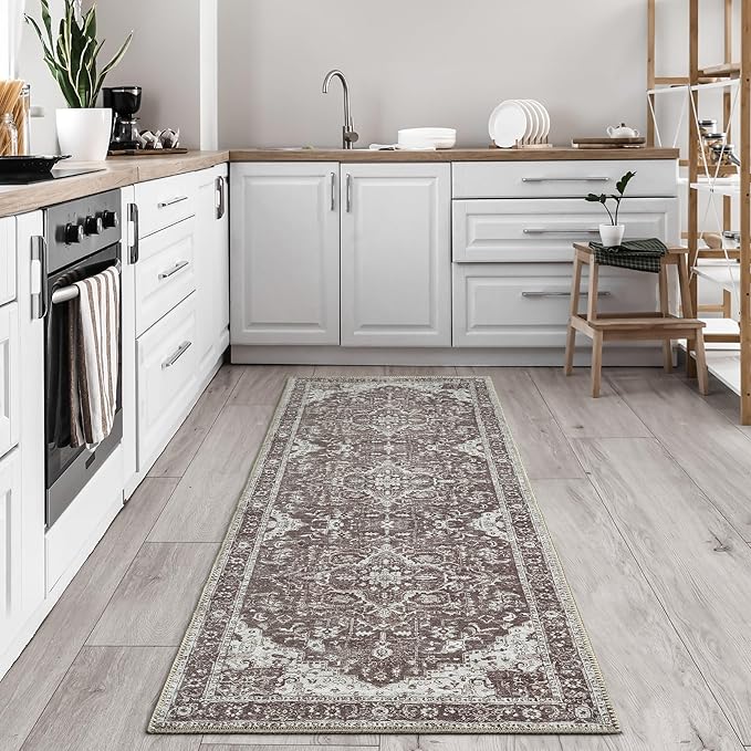 Bloom Rugs Washable Non-Slip 10 ft Runner - Dark Brown Traditional Medallion Runner for Entryway, Hallway, Bathroom, and Kitchen - Exact Size: 2.5' x 10'