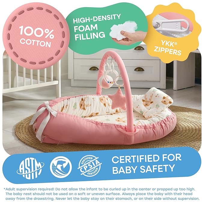 Portable Baby Lounger for Newborn w/Removable Arch & 3 Toys - Infant Lounger w/ 38% More Protection - Comfort, Breathable and Soft Floor Dock a Tot for Home and Travel | 0-24 (Pink)