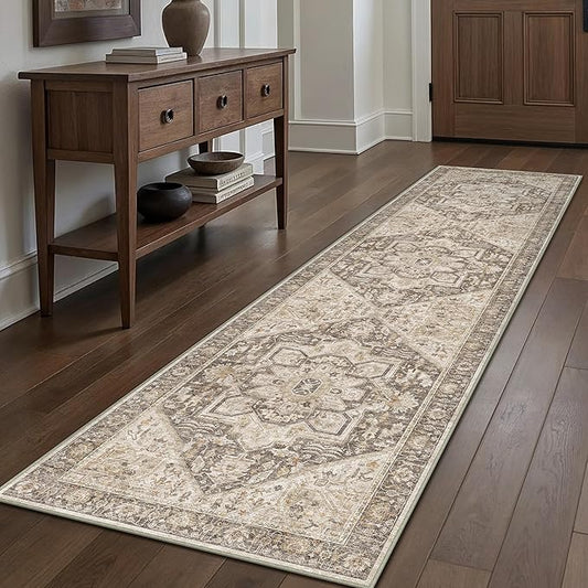 Taupe Brown Hallway Runner Rug 3x8 Vintage Washable Distressed Area Carpet Kitchen Indoor Non Slip Long Traditional Medallion Retro Accent Throw Rug for Bedroom Laundry Dining Living Room