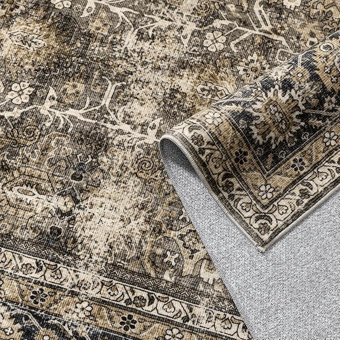 Vintage Area Rug 9x12 Brown Washable Living Room Large Carpet Non Slip Bedroom Indoor Office Low Pile Traditional Distressed Retro Accent Rug for Dining Room