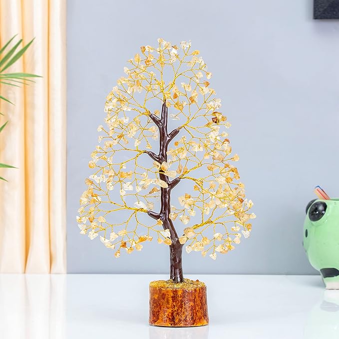 Crocon Citrine Gemstone Tree Feng Shui Figurine Money Bonsai Chakra Balancing Good Luck Prosperity Reiki Healing Crystals Decoration Ornament Sculpture Table Decor Gift Size 10-12"
