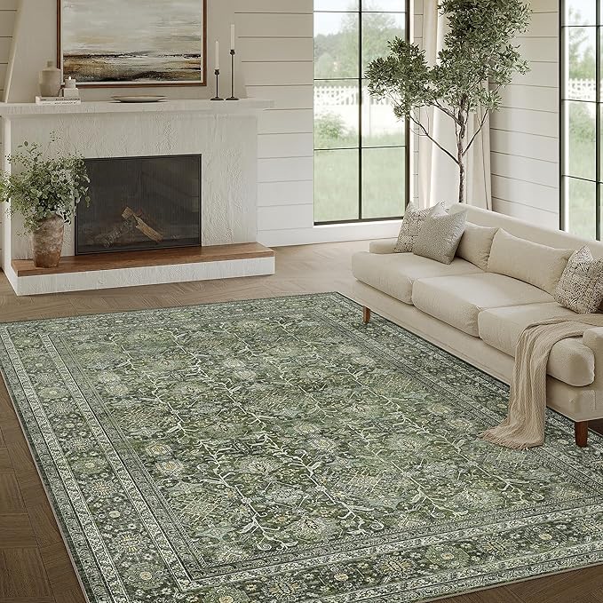 Vintage Area Rug 6x9 Green Washable Living Room Large Carpet Non Slip Bedroom Indoor Office Low Pile Traditional Distressed Retro Accent Rug for Dining Room Kitchen