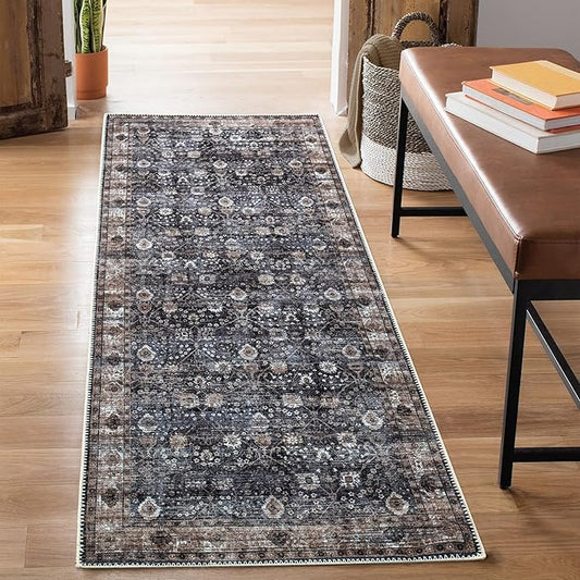 Bloom Rugs Washable Non-Slip 12 ft Runner - Black/Brown Traditional Runner for Entryway, Hallway, Bathroom, and Kitchen - Exact Size: 2.5' x 12'