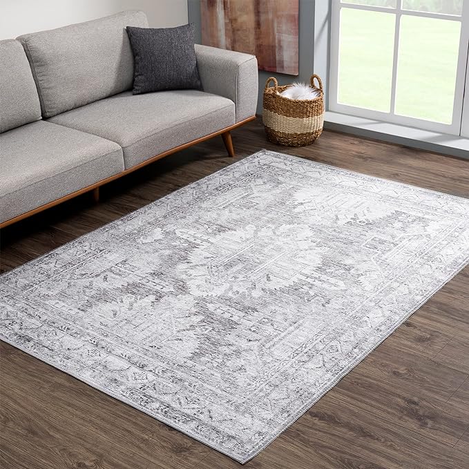 Bloom Rugs Washable 3' x 5' Rug - Ivory/Silver Gray Traditional Area Rug for Living Room, Bedroom, Dining Room, and Kitchen - Exact Size: 3' x 5'
