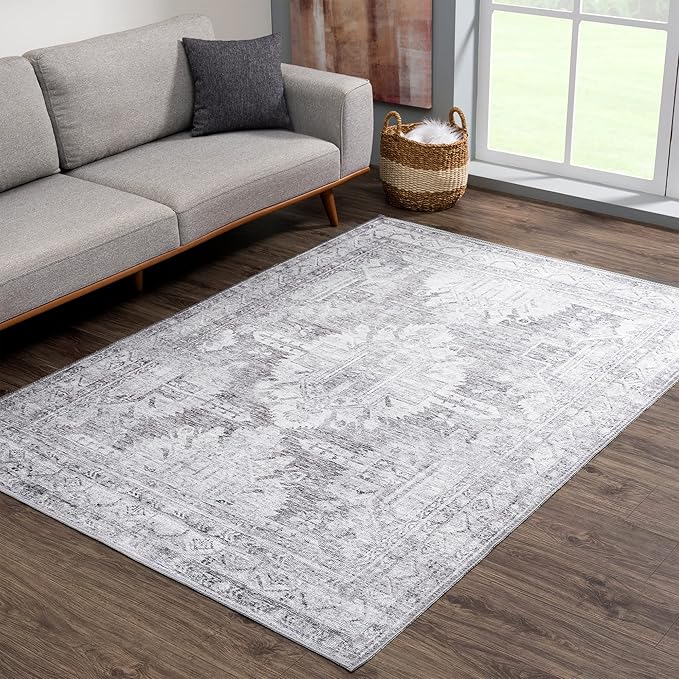 Bloom Rugs Washable 4' x 6' Rug - Ivory/Silver Gray Traditional Area Rug for Living Room, Bedroom, Dining Room, and Kitchen - Exact Size: 4' x 6'