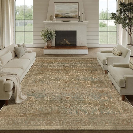 Vintage Area Rug 8x10 Washable Brown Living Room Carpet Large Indoor Non Slip Bedroom Low Pile Kitchen Distressed Retro Accent Throw Rug for Dining Room